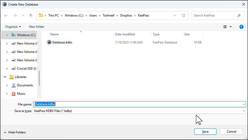 create new database dialog keepass and dropbox