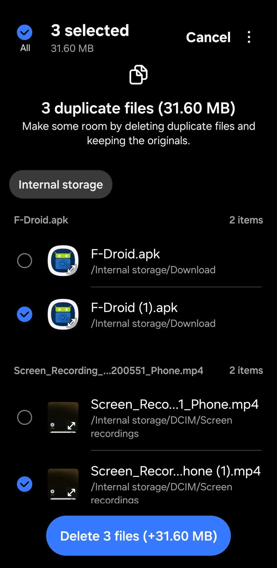 Duplicate files menu on Samsung phone