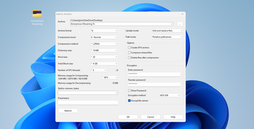 Add file password with 7-Zip