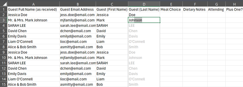 Flash Fill predicting the next names in the Guest (Last Name) column in a Sheet in Microsoft Excel