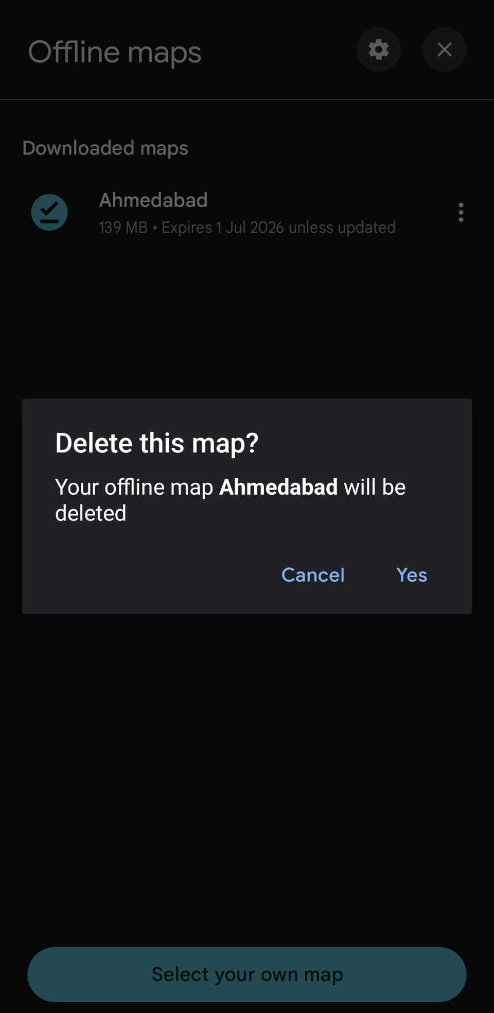 Google Maps delete offline maps prompt on Samsung phone-1