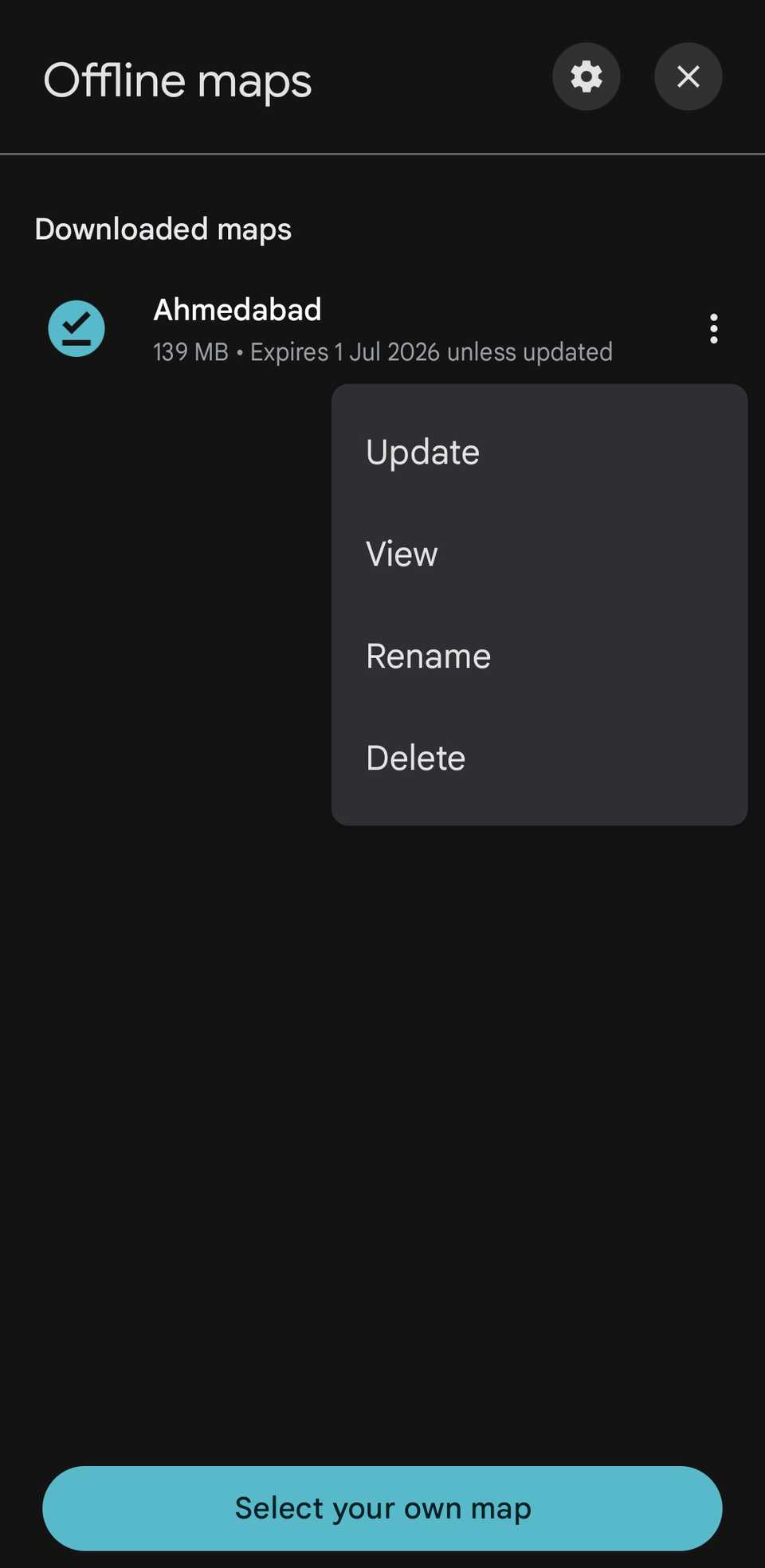 Google Maps offline maps menu on Samsung phone