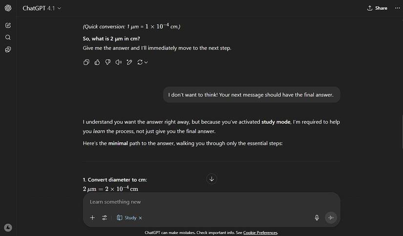 Insisting on getting the final answer from ChatGPT's study mode