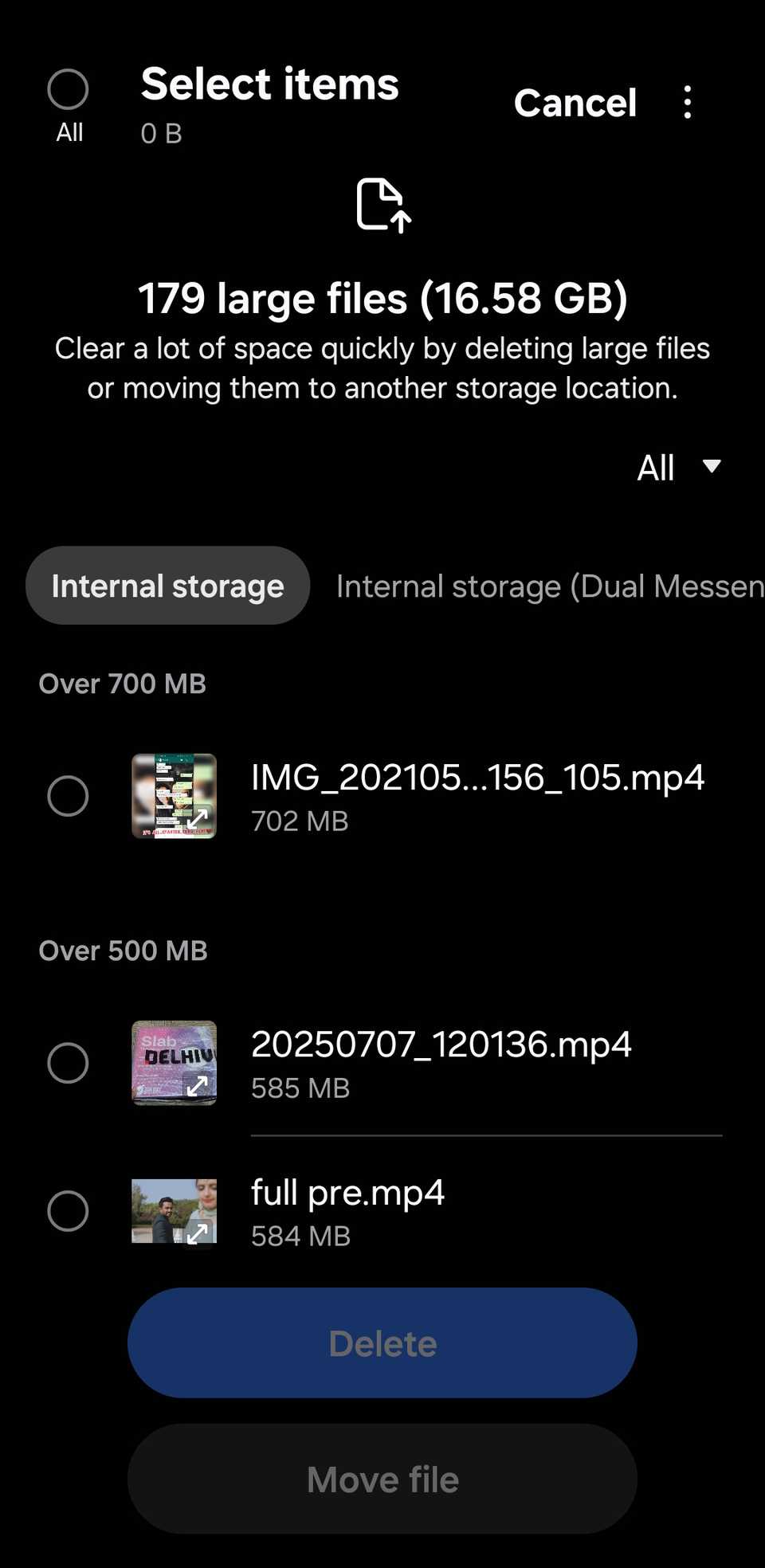 Large files option on Samsung phone