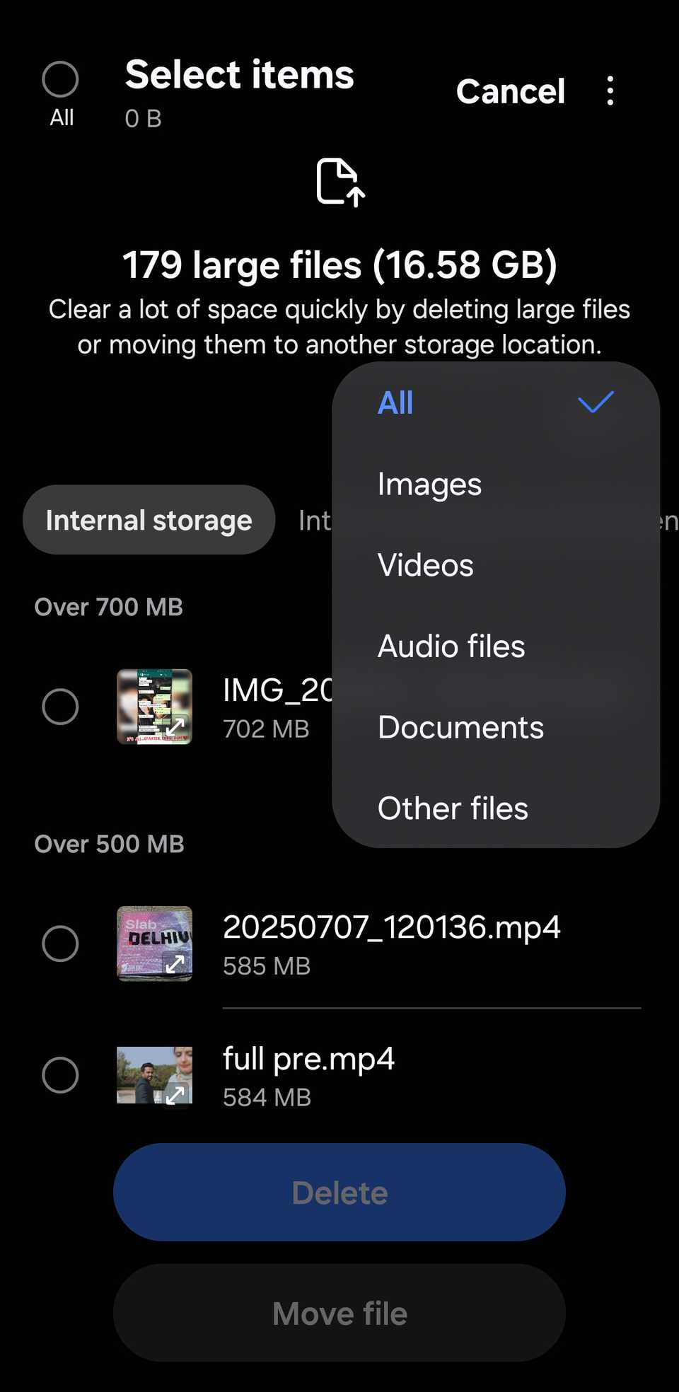 Large video files option on Samsung phone