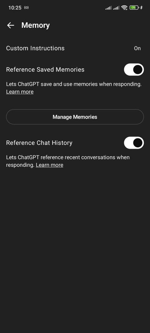 Memory options toggled on in ChatGPT mobile app settings.