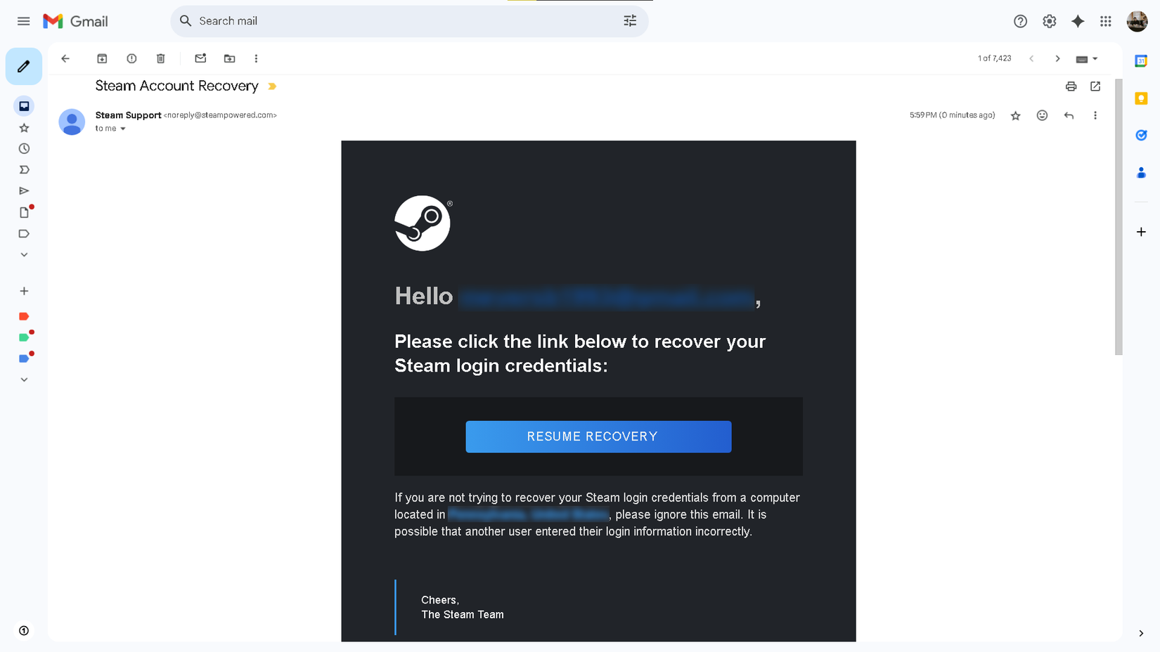 Opening a Steam account recovery email in Gmail