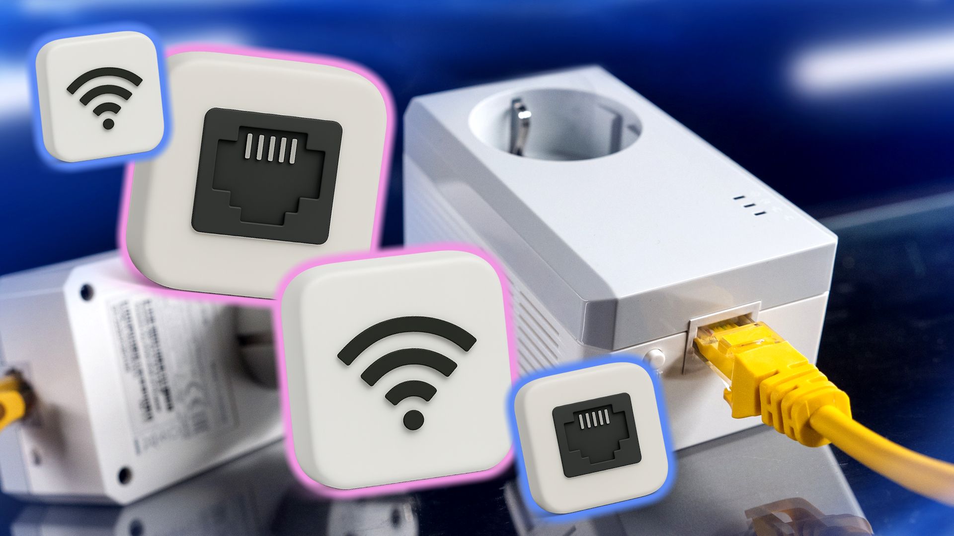 powerline adapter with ethernet cable and logo boxes.