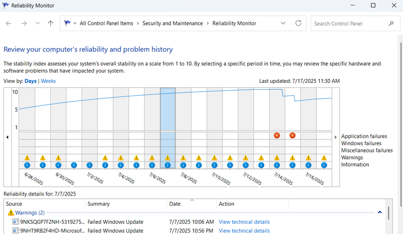 Reliability Monitor window in Windows 11