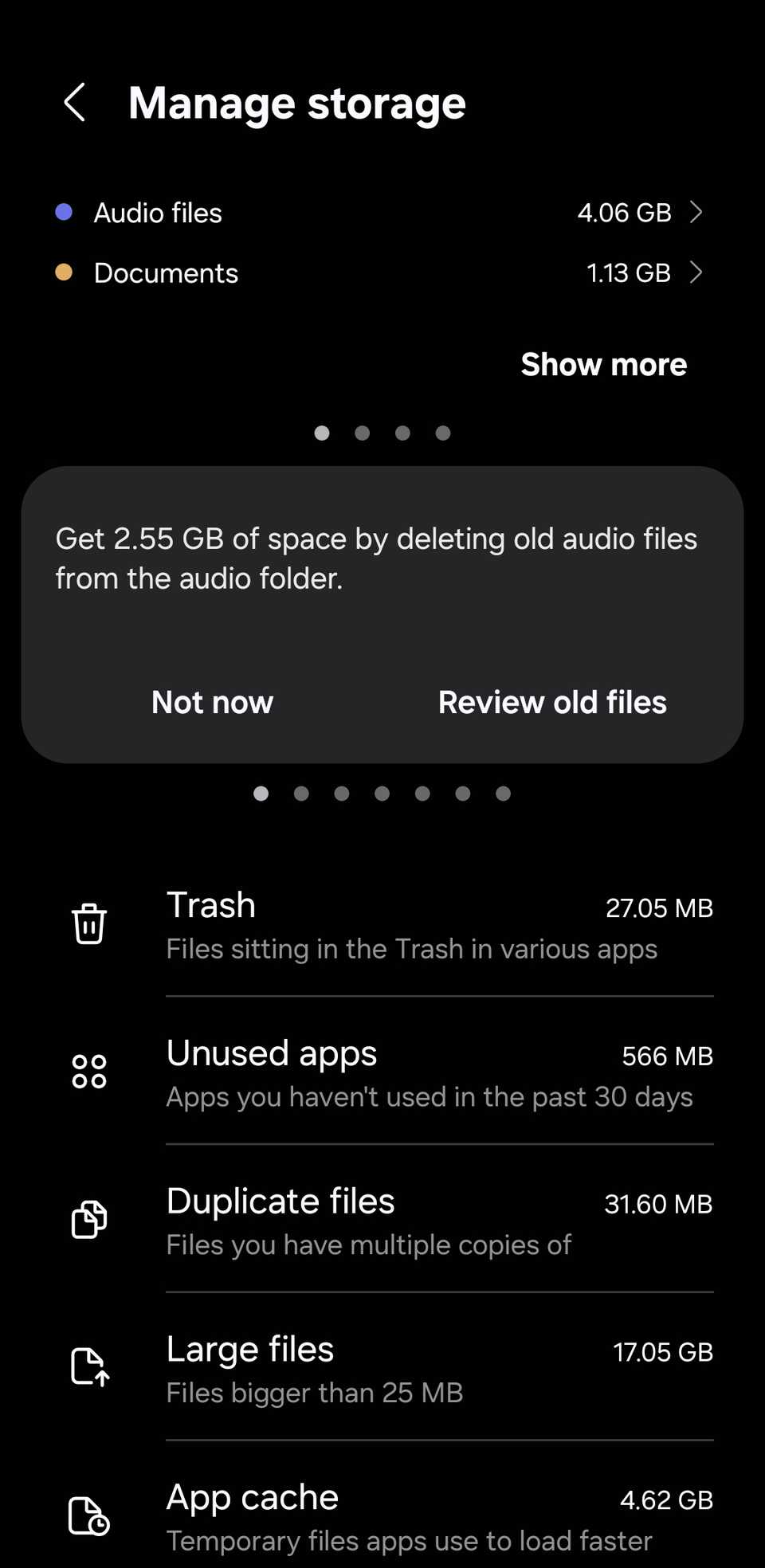 Storage menu on Samsung phone showing app cache