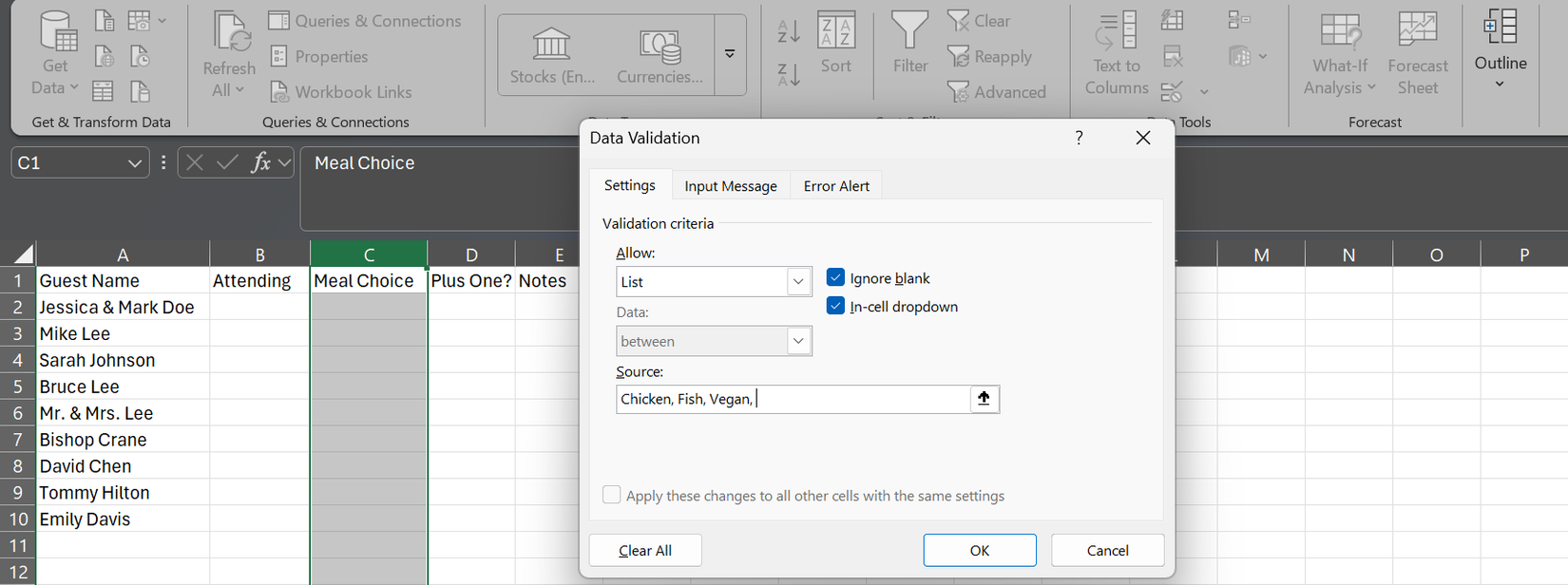 The Data Validation Settings Page in Microsoft Excel