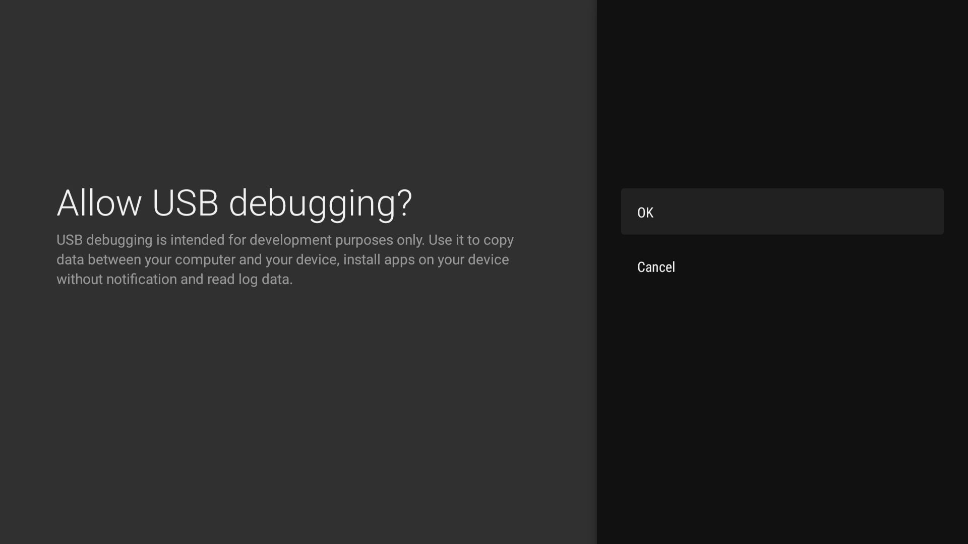 Включение отладки по USB в настройках Google TV