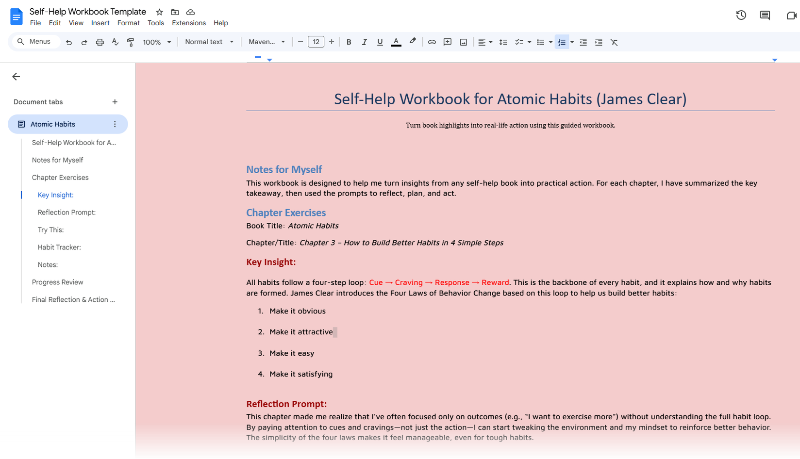 Workbook template for self-help book exercises
