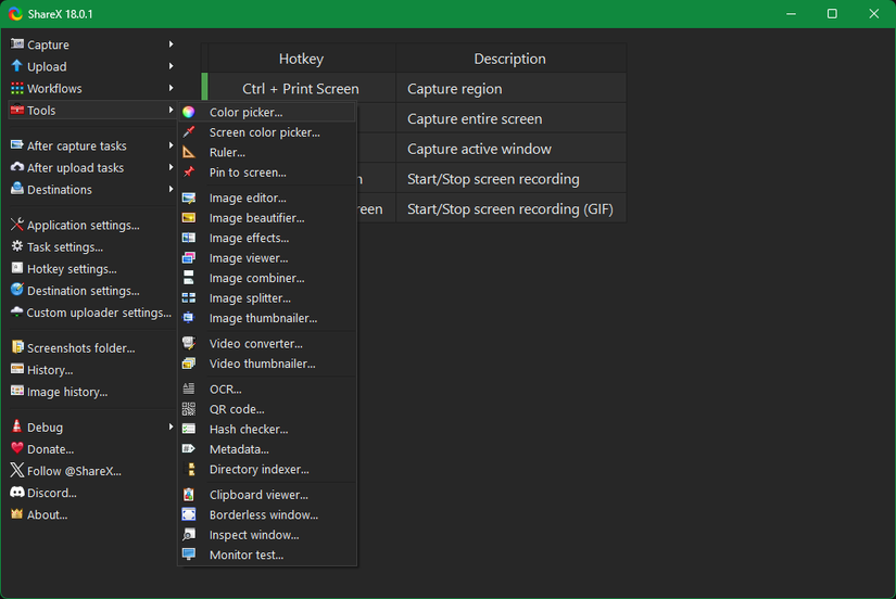 ShareX With Tools Menu Open