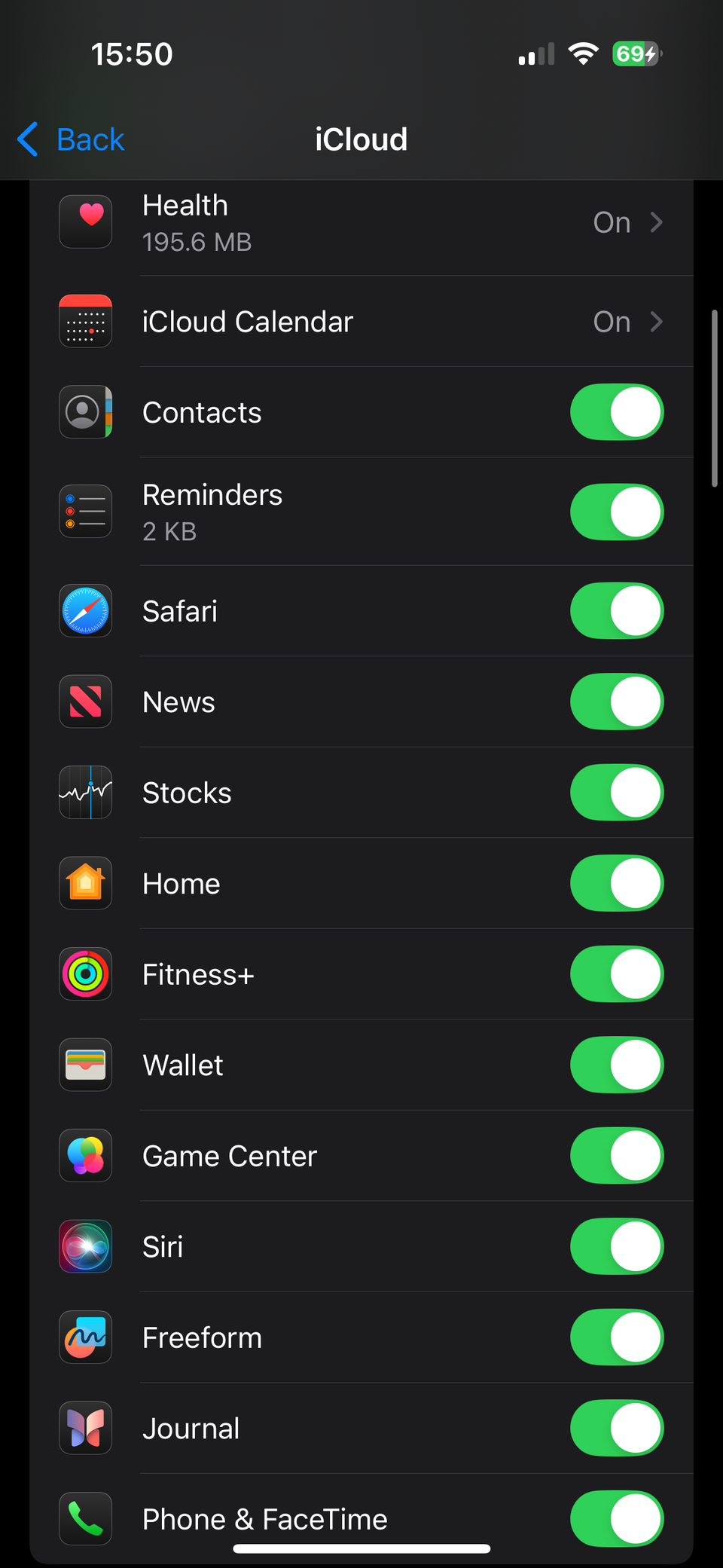 iPhone iCloud App Toggles