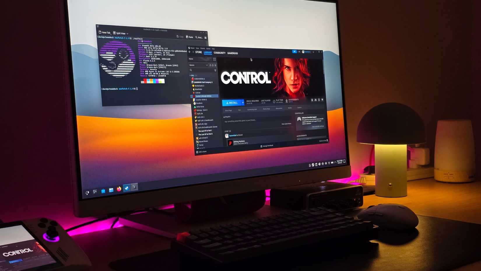A computer running Steam on Linux connected to a monitor.