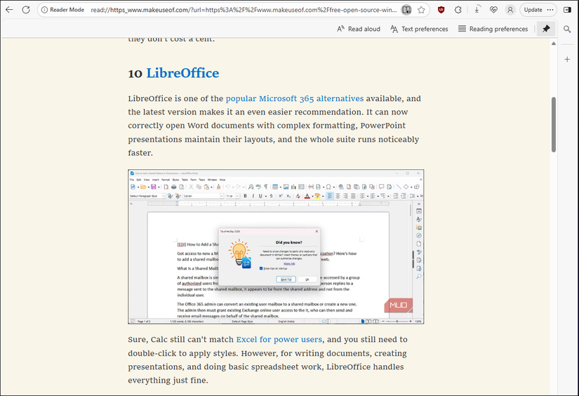 A web page open in Immersive Reader Mode on Microsoft Edge
