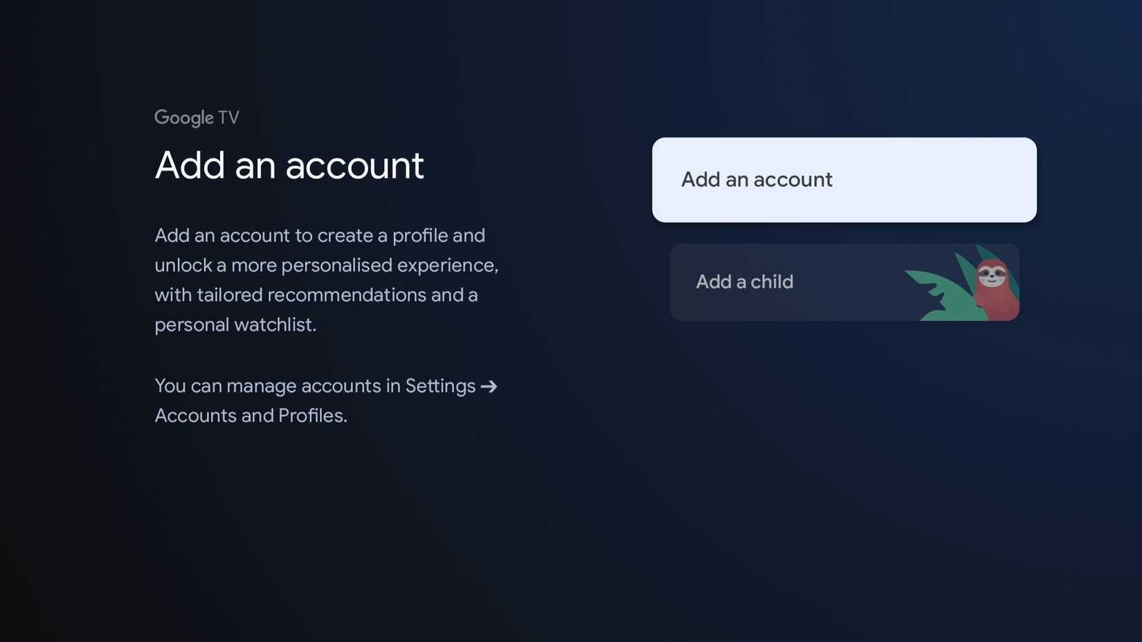Add account option on Google TV