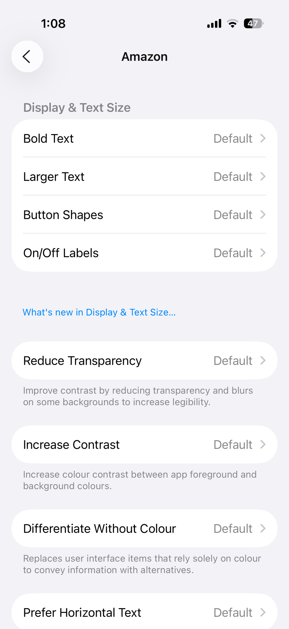 Amazon app accessibility settings on iPhone