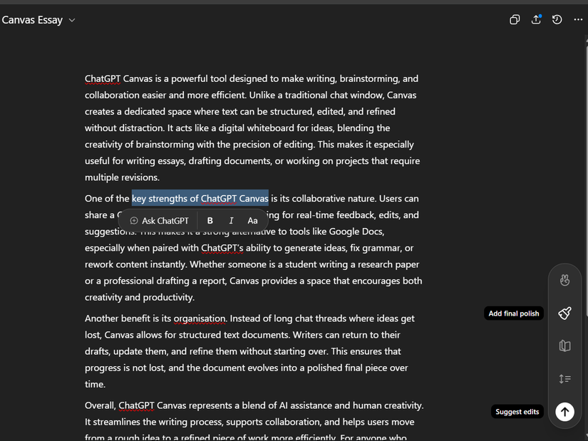 An essay in ChatGPT Canvas feature with suggest edits button on the bottom right.