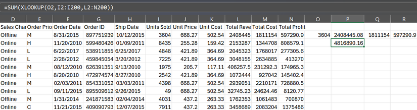 An XLOOKUP formula in Excel returning the sum of multiple results