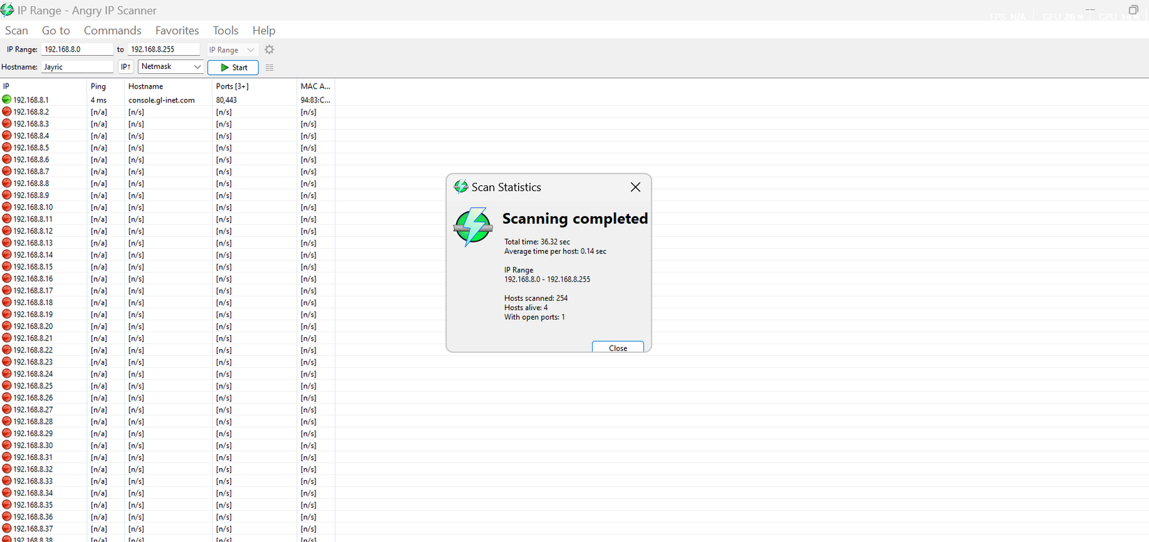Finished device scan with Angry IP Scanner