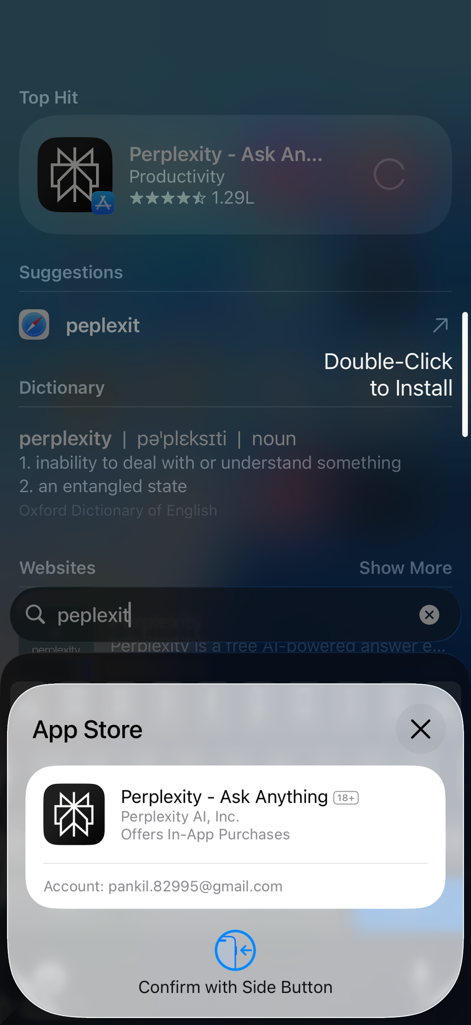 App Store download confirmation prompt in Spotlight