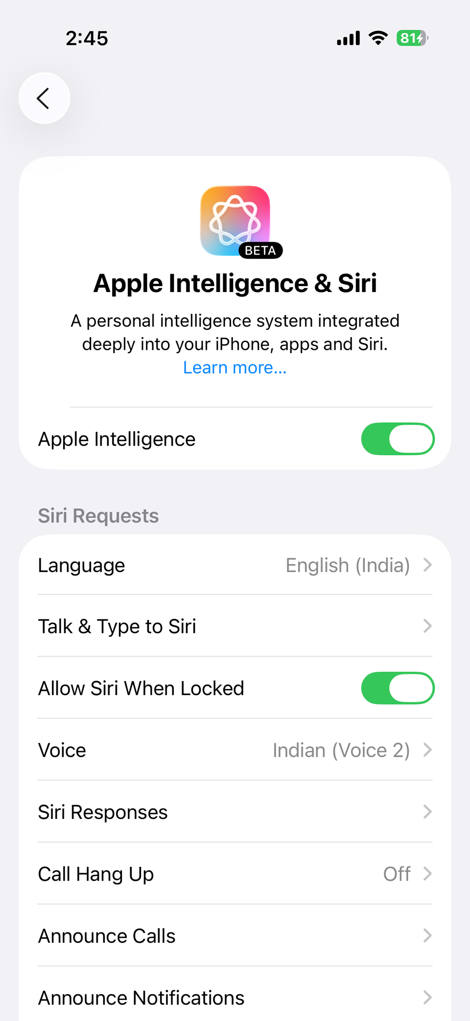 Apple Intelligence and Siri settings on iPhone