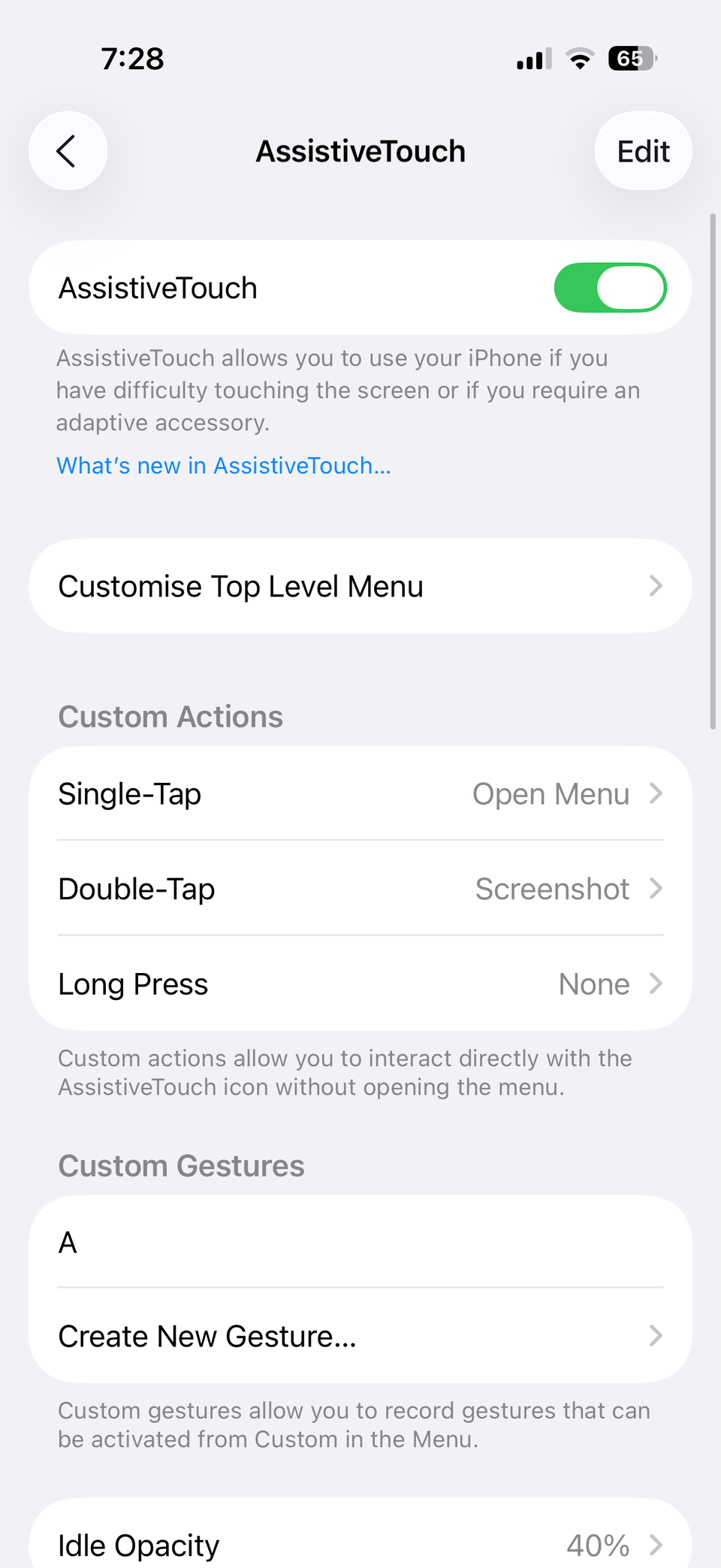 AssistiveTouch settings menu on iPhone