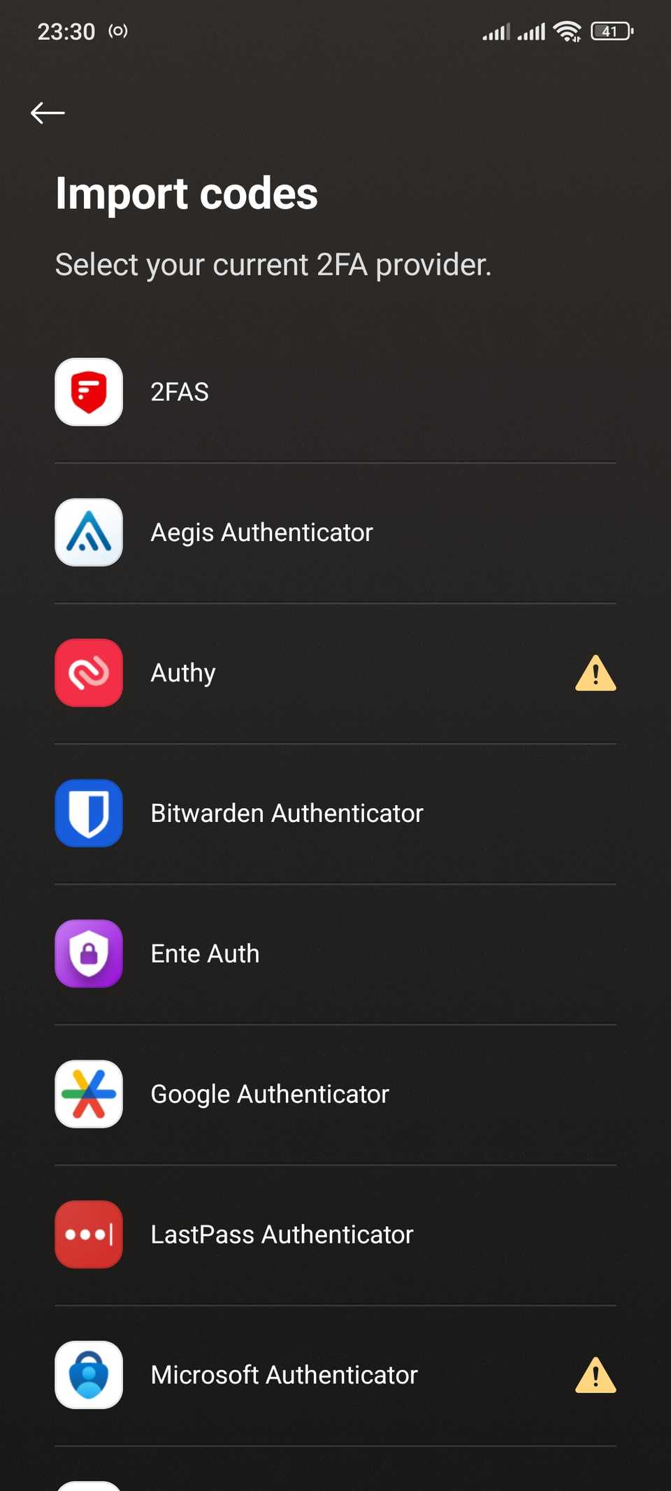 Authenticators list in Proton Authenticator with warning signs in front of Authy and Microsoft Authenticator.