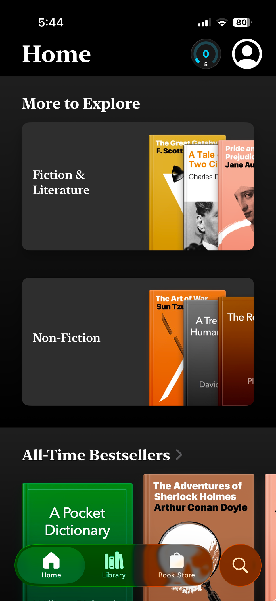 برگهٔ اصلی برنامه کتاب‌ها در آیفون