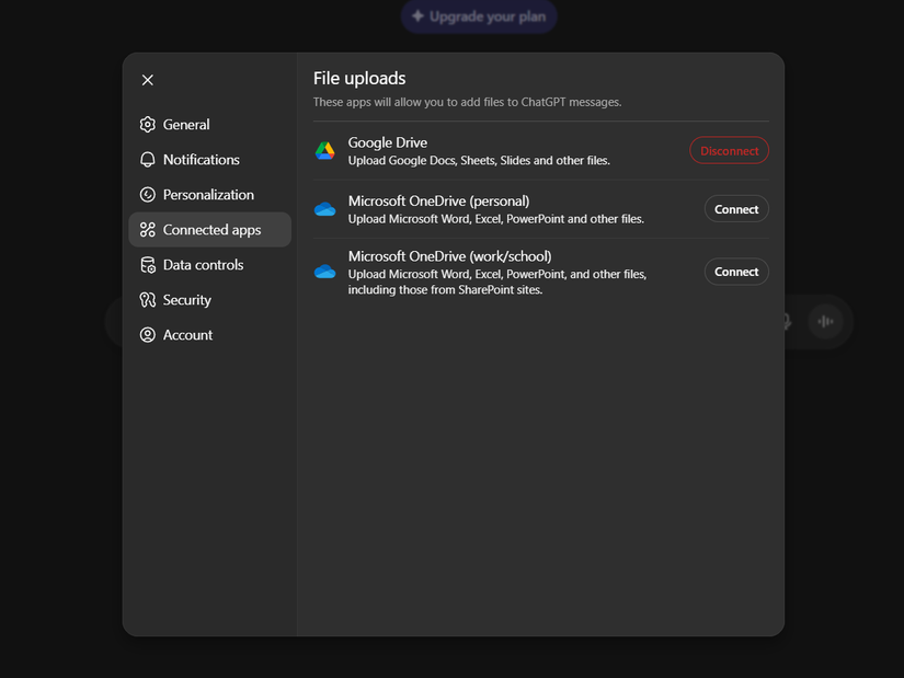 ChatGPT Connected apps feature showing Google Drive as connected.