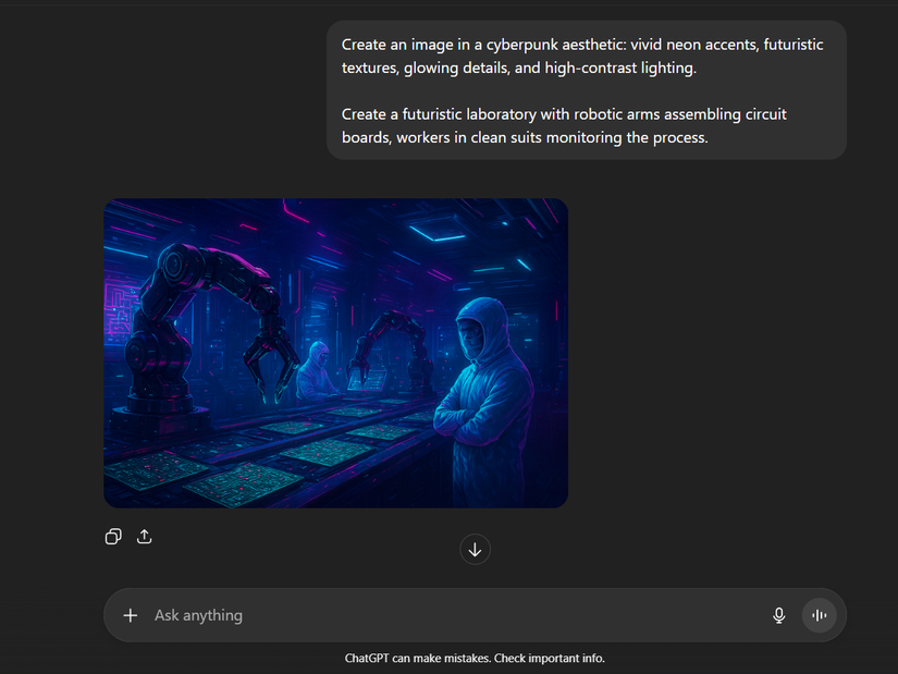 ChatGPT response to a prompt related to a futuristic lab with robotic arms assembling PCBs in Cyberpunk theme.