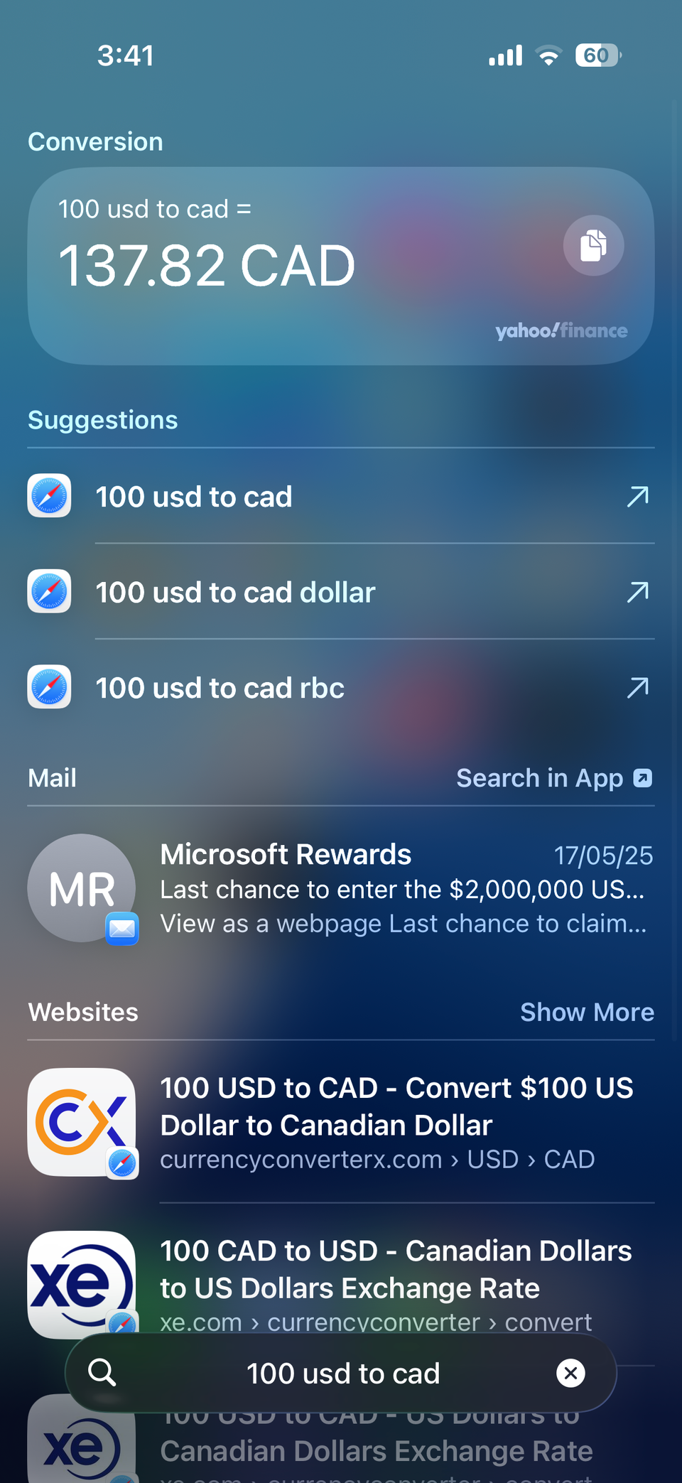 Convert USD to CAD in iPhone Spotlight