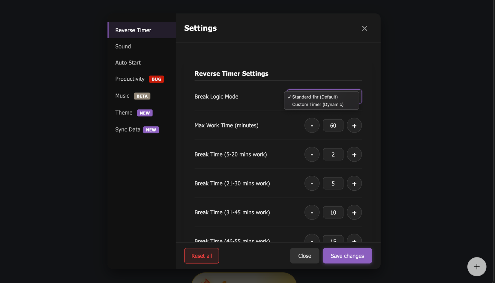 Customodoro's Reverse Timer Settings displaying the Custom Timer toggle