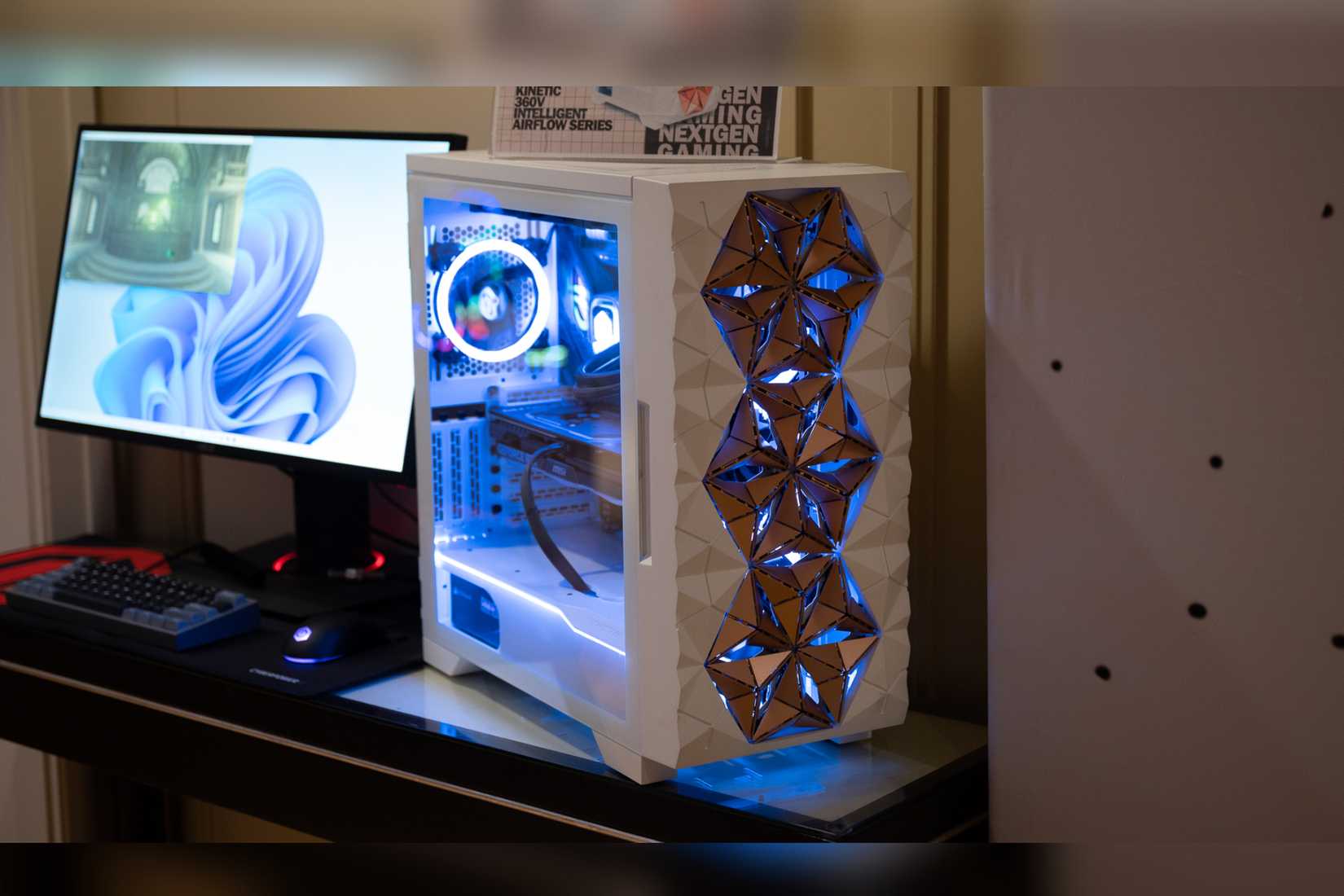 CyberPowerPC Kinetic 360V Intelligent Airflow Series gaming PC case with the vents open