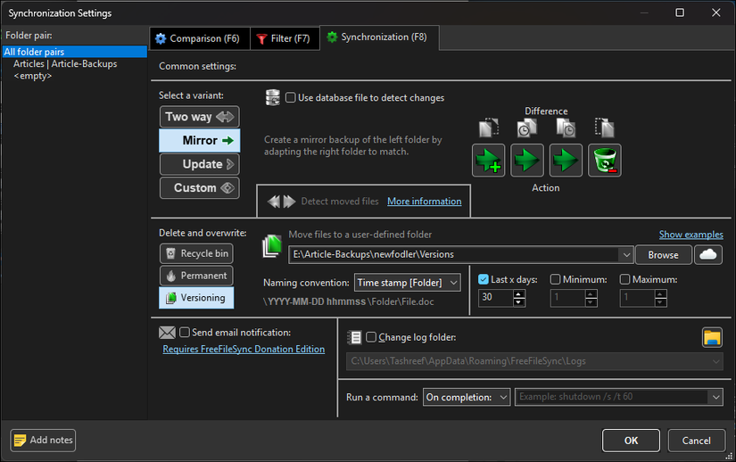 FreeFileSync synchronization settings dialog 