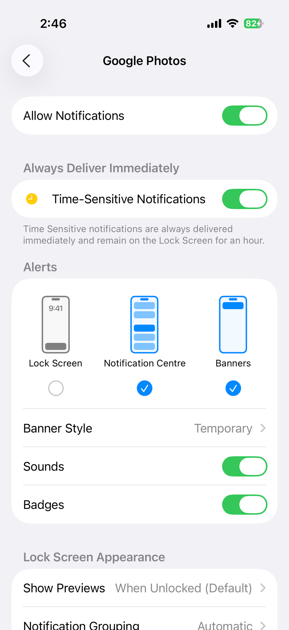 Google Photos app notification settings on iPhone