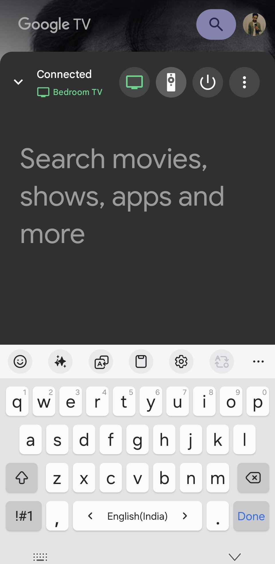 Google TV app on phone showing keyboard