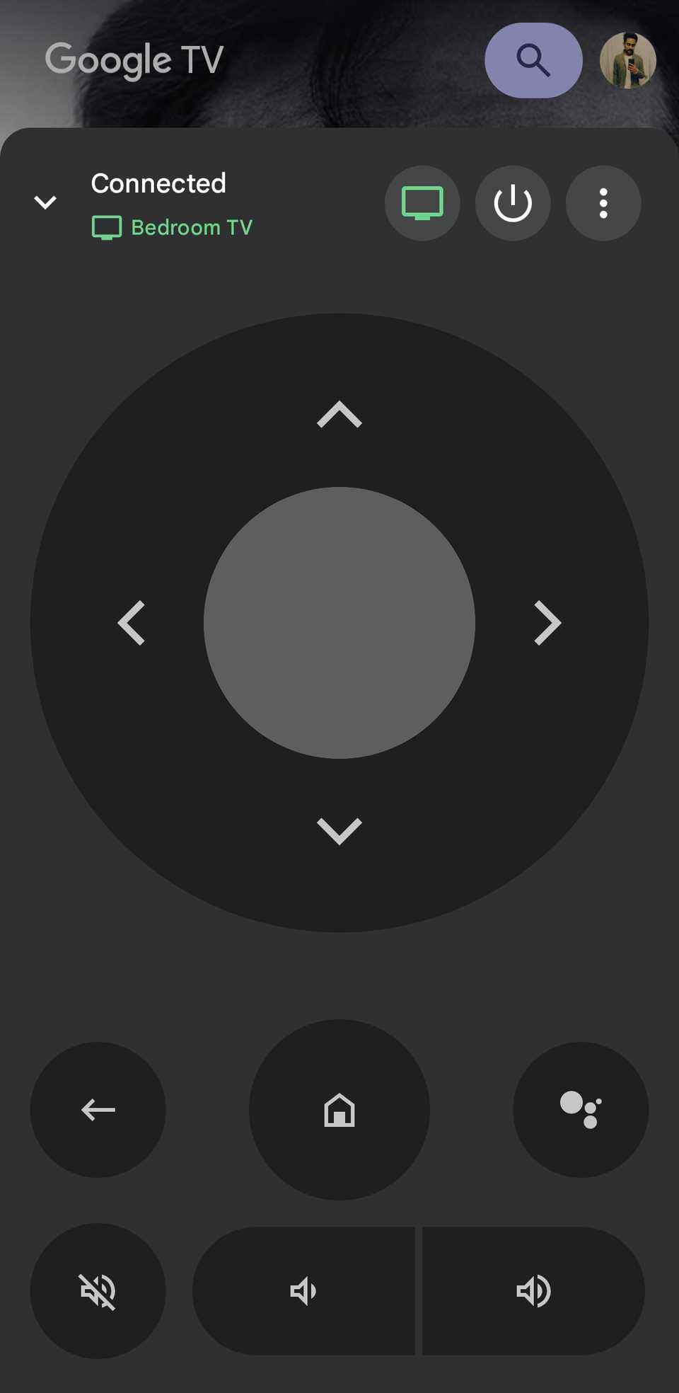 Google TV app showing remote on phone