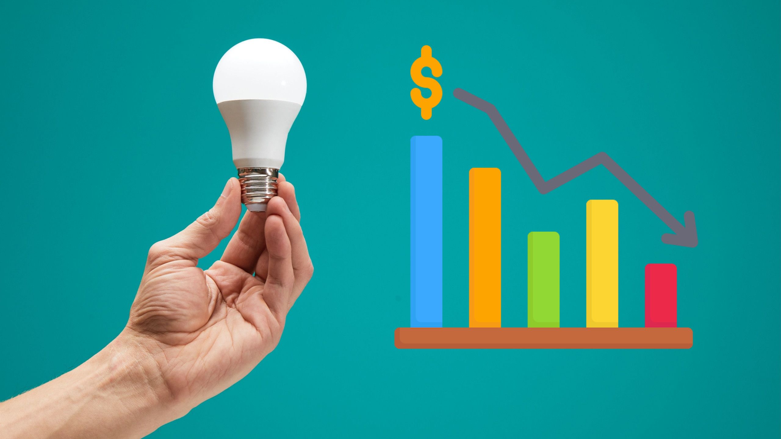 Hand holding LED bulb on teal background with downward chart