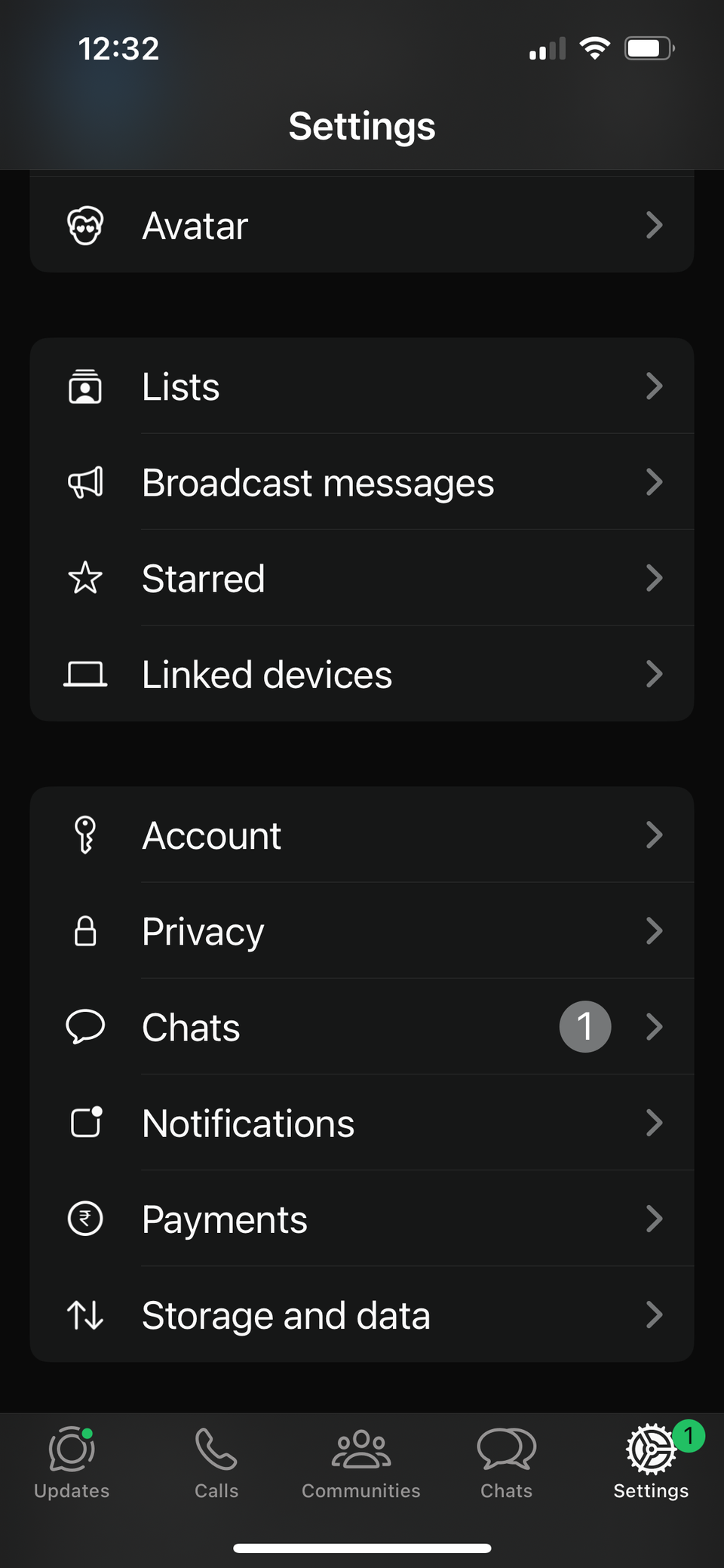 iOS WhatsApp Settings page.