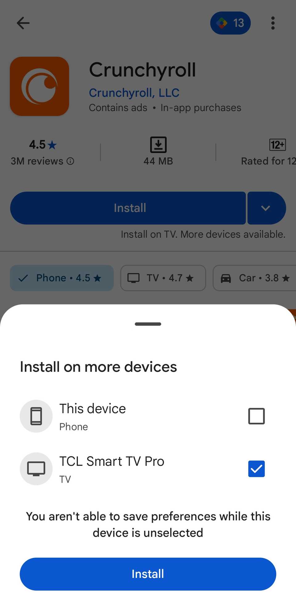 Install to TV option on Play Store for Android phone