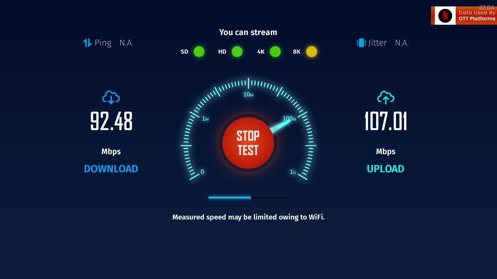 Internet speed test results on TV.