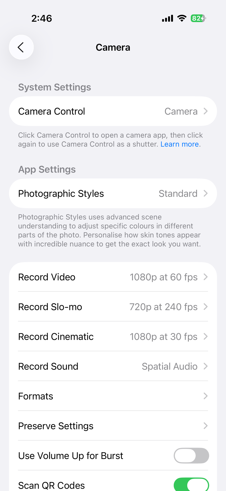 iPhone Camera settings menu