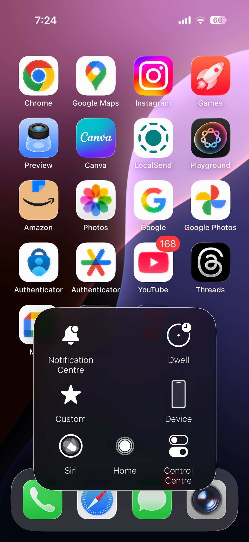 iPhone home screen showing AssistiveTouch menu
