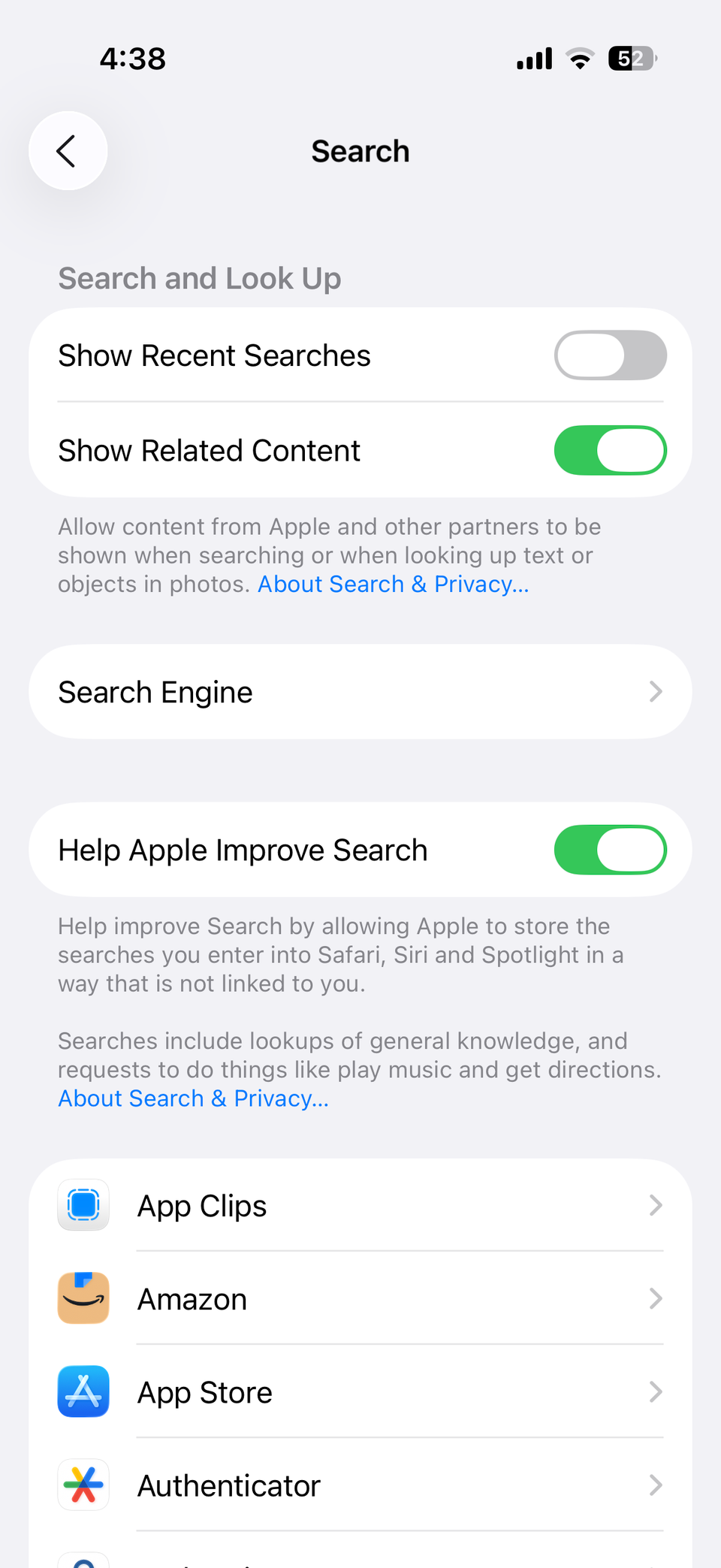 iPhone Search settings menu