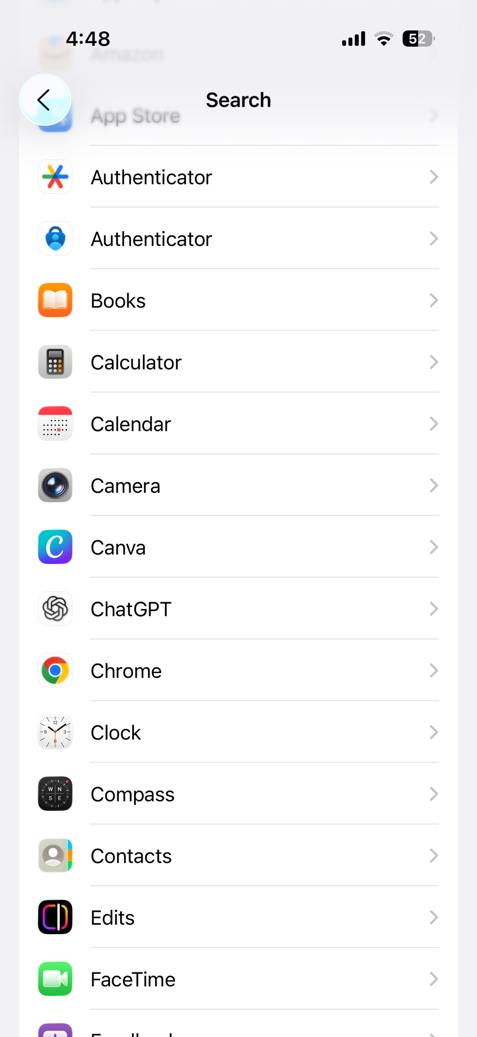 iPhone search settings showing a list of apps