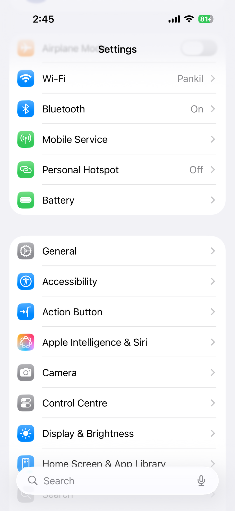 iPhone Settings menu in light mode