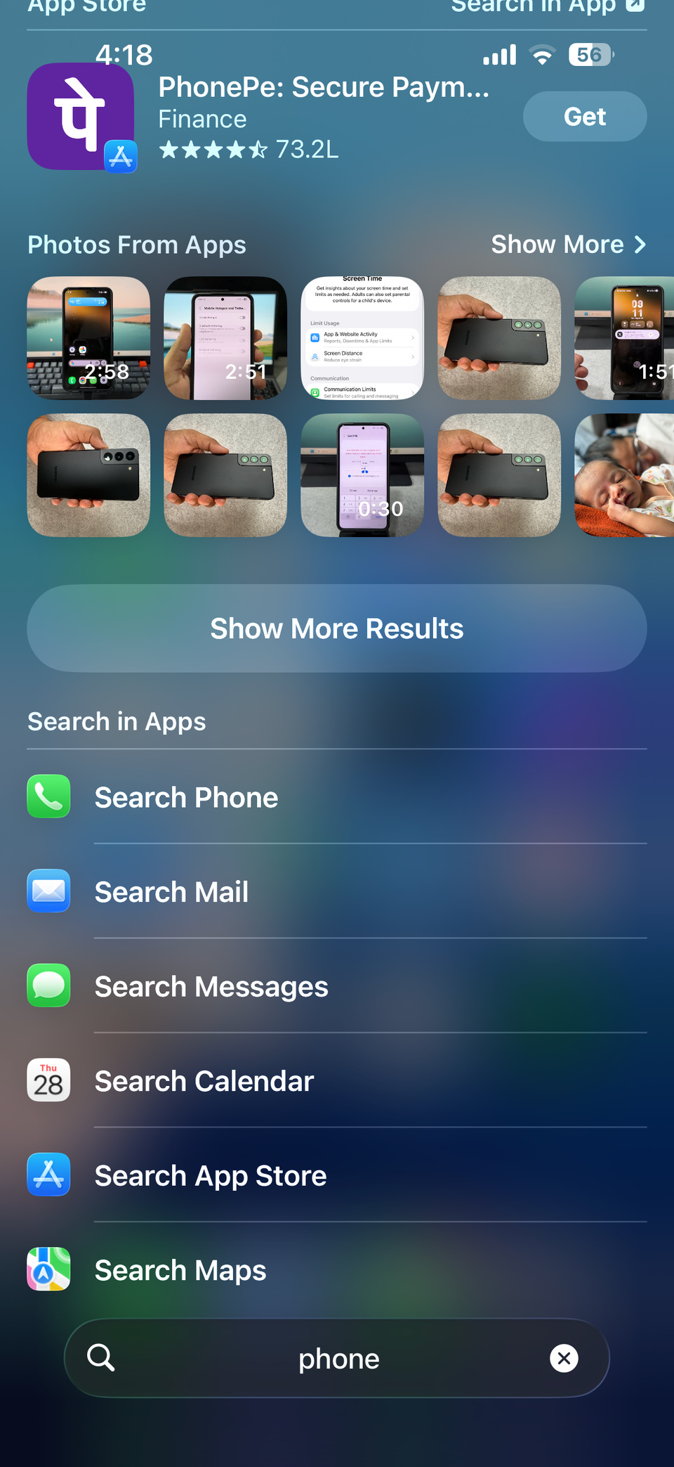 iPhone Spotlight search results of photos